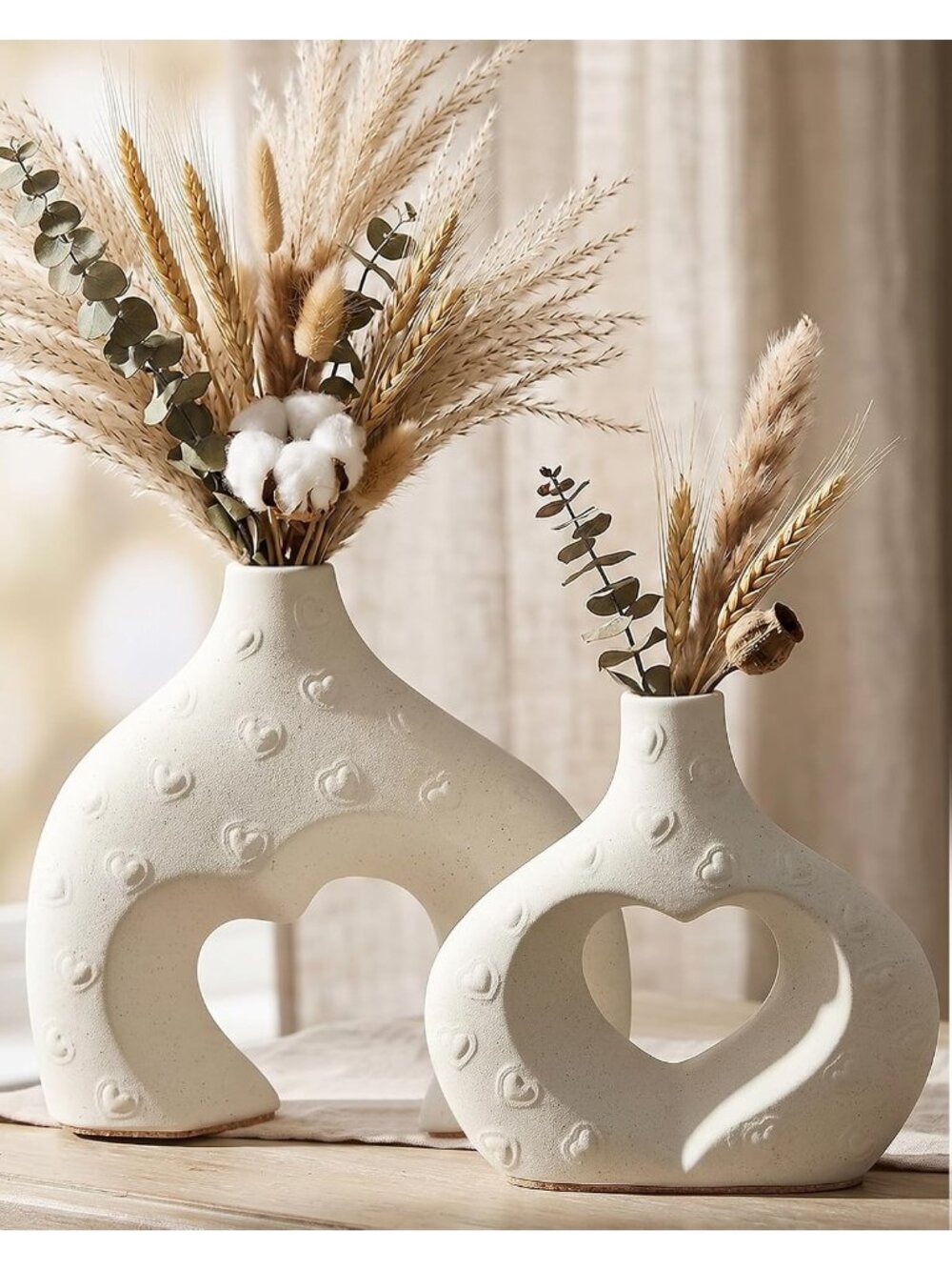 Cream White Ceramic Flower Vase Set 2 Home Table Centerpiece Decor Heart Shaped